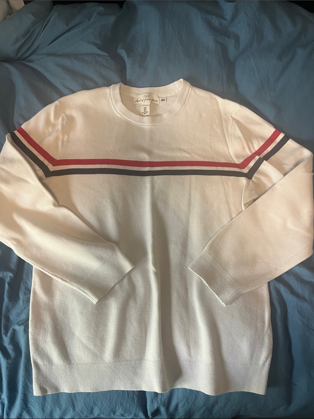 H&M White Crewneck Sweater with Red and Navy Stripes